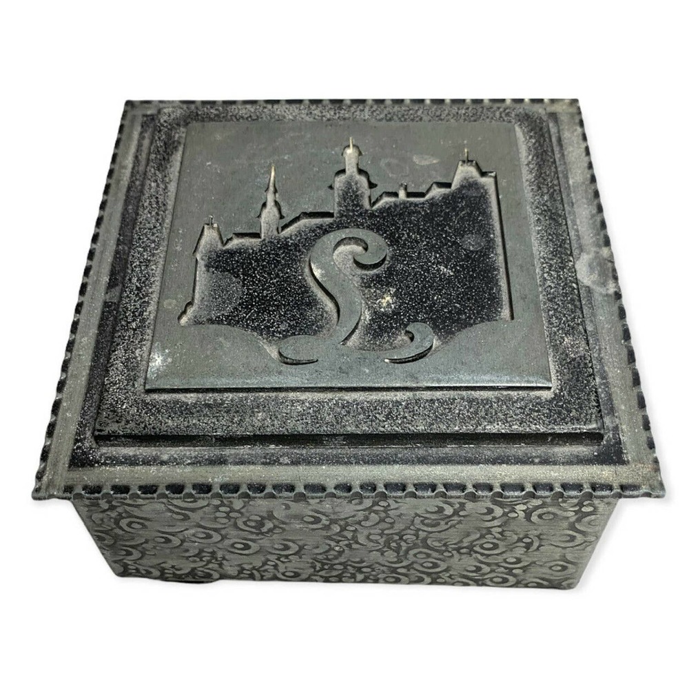 Metal Trinket Box Footed City Skyline Monogrammed Letter L Jewelry Box Patina